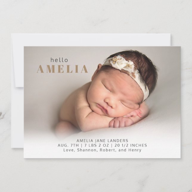 Modern Photo Golden Brown Typography Simple Birth Announcement (Front)