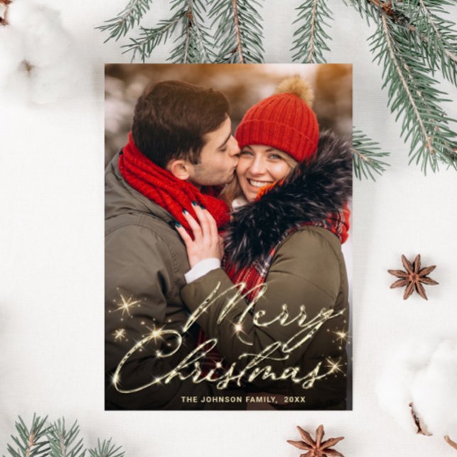 Modern PHOTO Golden Christmas Greeting Holiday Postcard (Creator Uploaded)