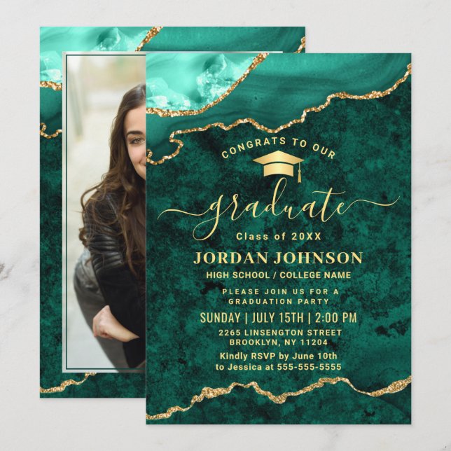 Modern Photo Golden Green Marble Graduation Party Invitation (Front/Back)