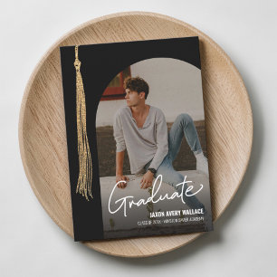 Modern Photo Graduate Black & Gold Tassel Grad Announcement