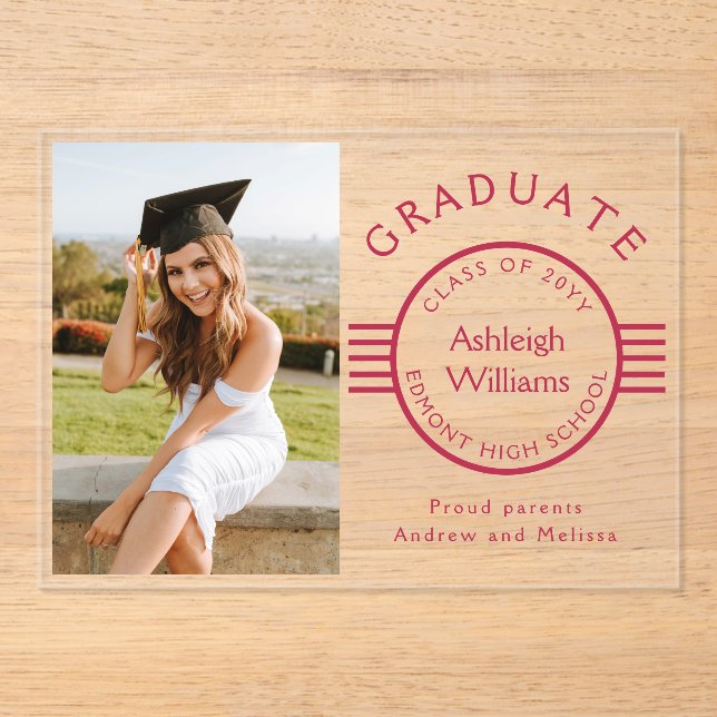 Modern Photo Graduate Magenta Stripes Graduation Acrylic Invitations (Front)