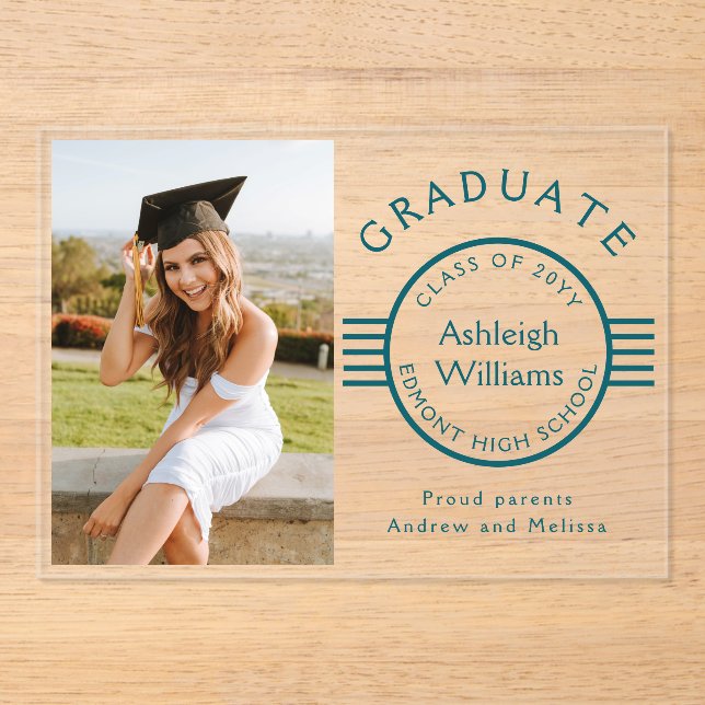 Modern Photo Graduate Teal Stripes Graduation Acrylic Invitations (Front)