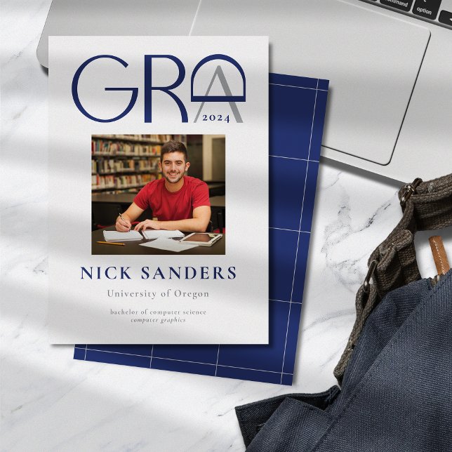 Modern Photo Graduation College Grey Blue Announcement (Creator Uploaded)