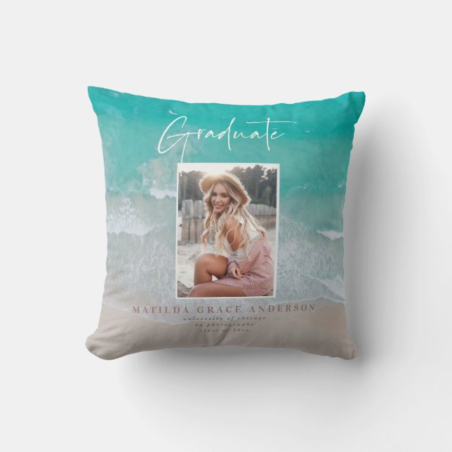 Modern photo graduation ocean beach script  cushion (Front)