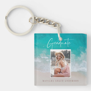 Modern photo graduation ocean beach script  key ring