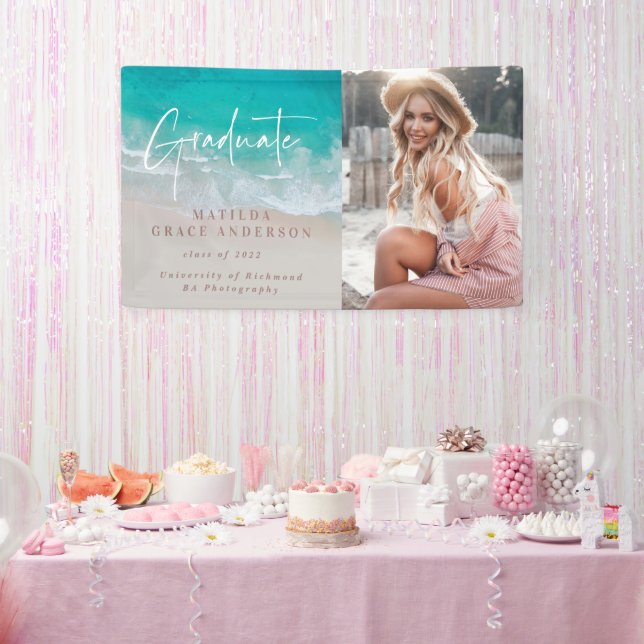 Modern photo graduation ocean beach script modern banner (Party)