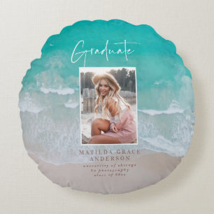 Modern photo graduation ocean beach script  round cushion
