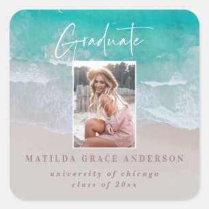 Modern photo graduation ocean beach script  square sticker