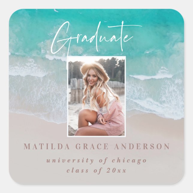 Modern photo graduation ocean beach script  square sticker (Front)