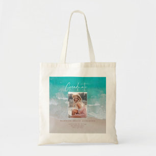 Modern photo graduation ocean beach script  tote bag