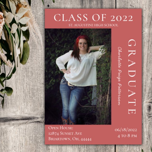 Modern Photo Graduation Open House | Coral Invitation (Coral Modern Photo Graduation Open House Invitation)