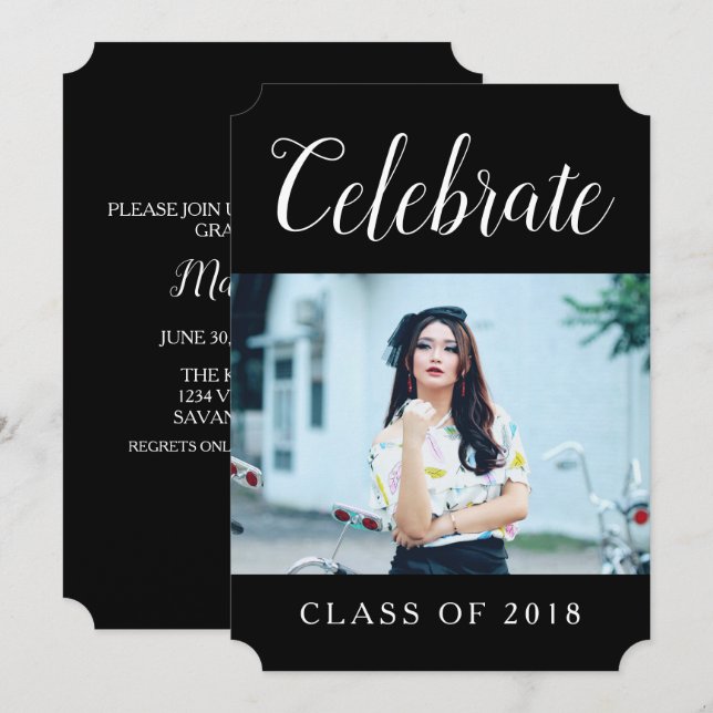 Modern Photo Graduation Party Invite | Black (Front/Back)