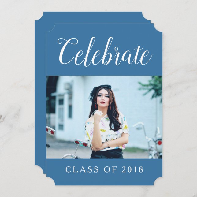 Modern Photo Graduation Party Invite | Blue (Front/Back)