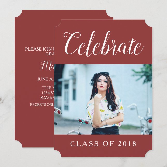 Modern Photo Graduation Party Invite | Burgundy (Front/Back)