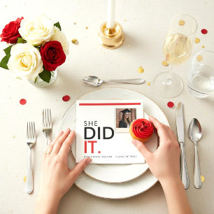 Modern Photo Graduation "She Did It" Red Black Nap Napkin