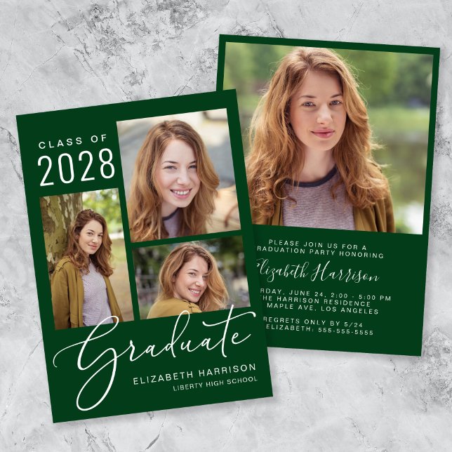Modern Photo Green Graduation Party Invitation (An elegant photo collage graduation party invitation to celebrate the graduate's achievements)