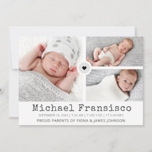 Modern Photo Grid Collage Stats Birth Announcement