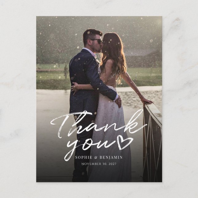 Modern Photo Hand-Lettered Wedding Thank You Postcard (Front)