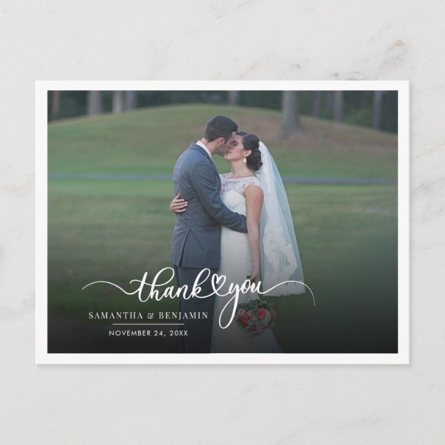 Modern Photo Hand-Lettered Wedding Thank You Postcard (Front)