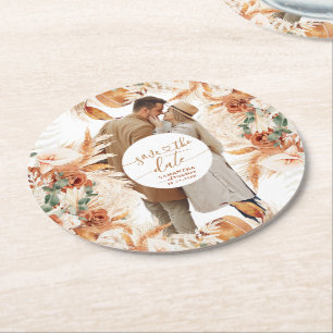 Modern Photo Handwritten Script Save The Date Round Paper Coaster