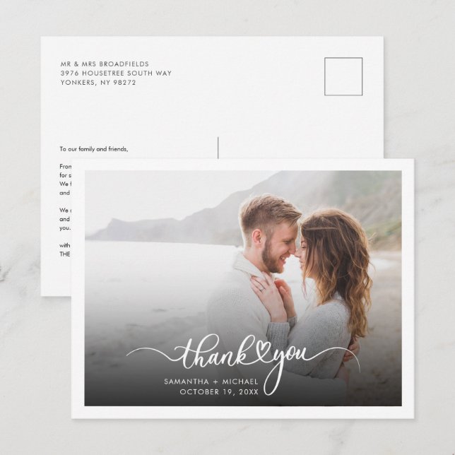 Modern Photo Handwritten Wedding Thank You Postcard (Front/Back)