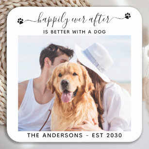 Modern Photo Happily Ever After Dog Pet Wedding Square Paper Coaster