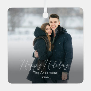 Modern Photo Happy Holidays Family Name Metal Tree Decoration