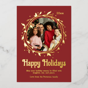 Modern Photo Happy Holidays Script Wreath Foil Holiday Card