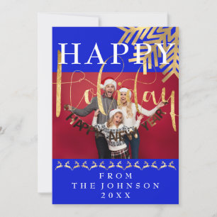 Modern Photo Happy New Year Holiday Blue Gold Card