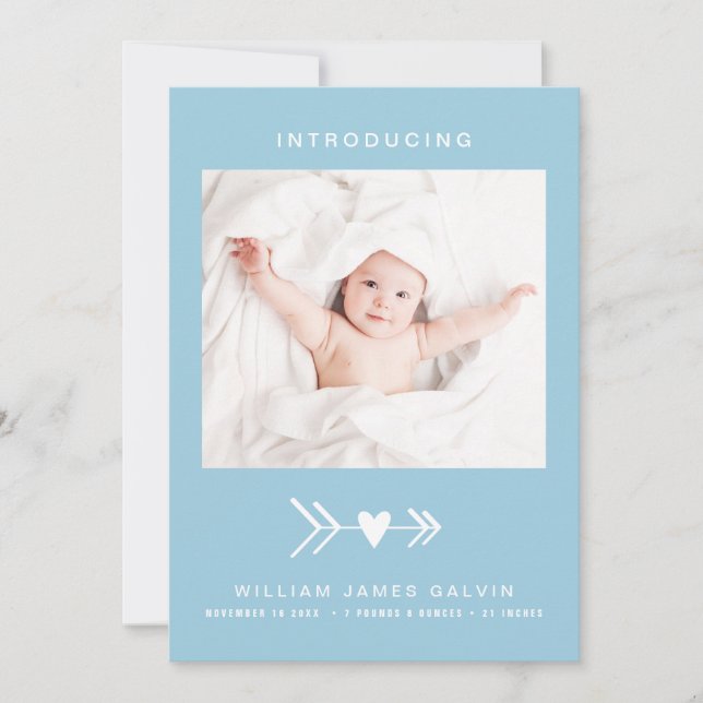 Modern Photo Heart Arrow Blue Baby Boy Birth Announcement (Front)
