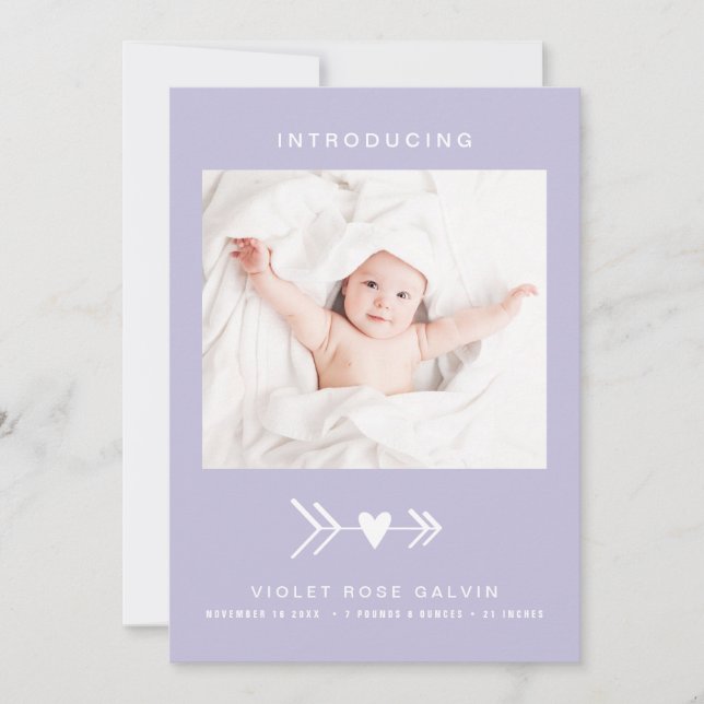 Modern Photo Heart Arrow Pastel Purple Girl Birth Announcement (Front)