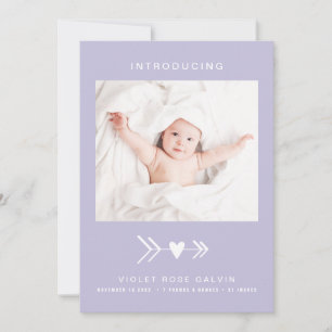 Modern Photo Heart Arrow Pastel Purple Girl Birth Announcement