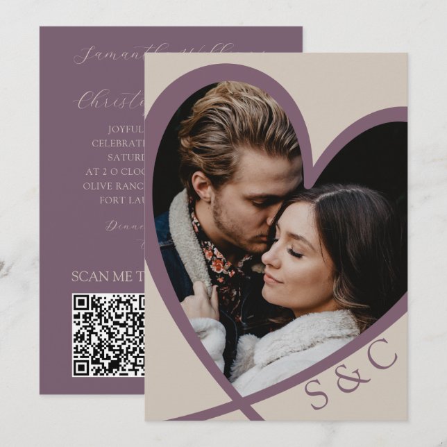 Modern Photo Heart Champagne & Dusty Rose Wedding  Invitation (Front/Back)