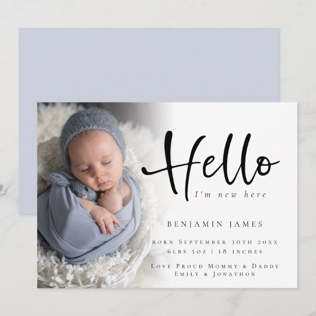 Modern Photo Hello New Baby Boy Blue Birth Announcement (Front/Back)