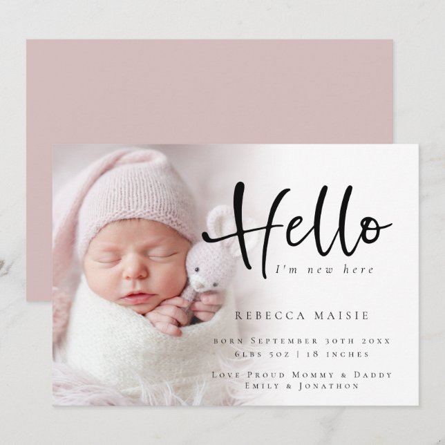 Modern Photo Hello New Baby Girl Pink Birth  Annou Announcement (Front/Back)