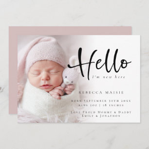Modern Photo Hello New Baby Girl Pink Birth  Annou Announcement