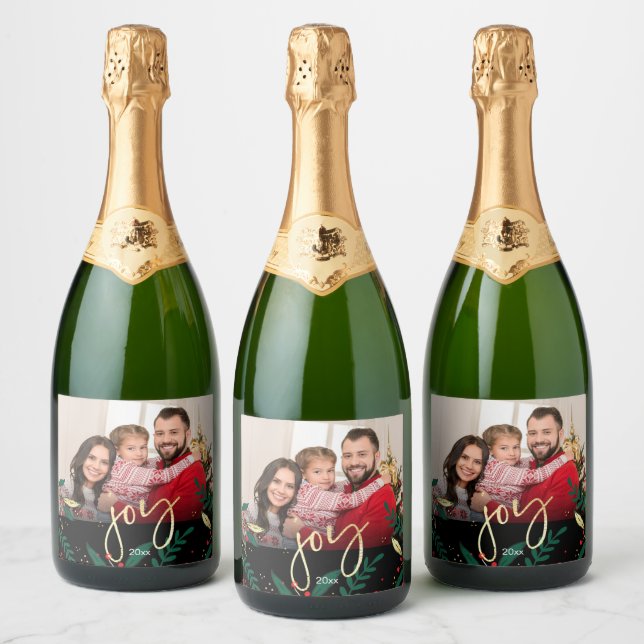 Modern Photo Joy Black Red Gold Greenery Christmas Sparkling Wine Label (Bottles)