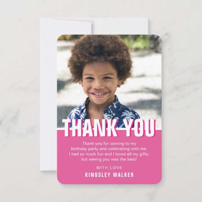 Modern Photo Kids Birthday Thanks | Pink Thank You Card (Front)