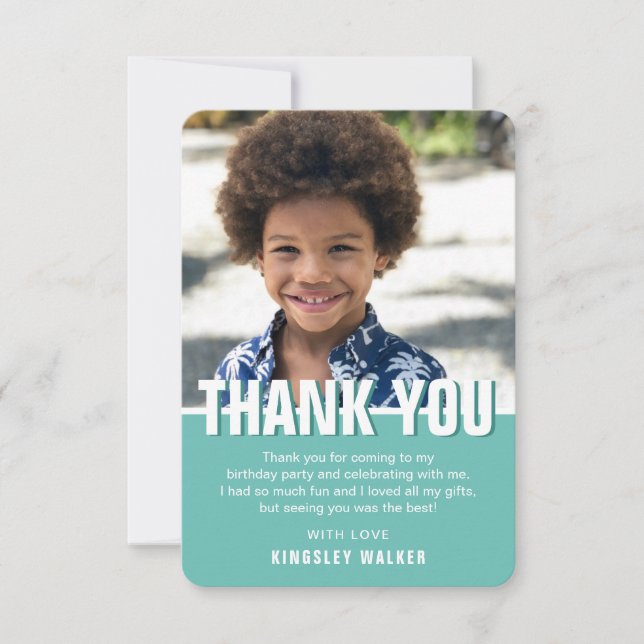 Modern Photo Kids Birthday Thanks | Teal Thank You Card (Front)