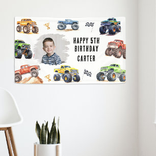 Modern Photo Kids Monster Trucks Birthday Party Banner