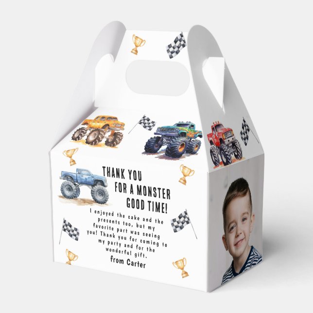 Modern Photo | Kids Monster Trucks Birthday Party Favour Box (Front Side)