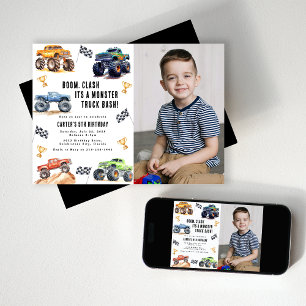 Modern Photo   Kids Monster Trucks Birthday Party Invitation