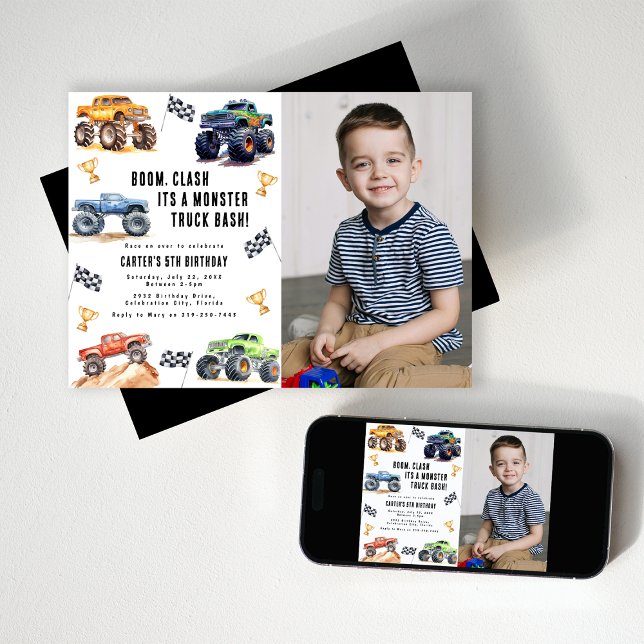 Modern Photo | Kids Monster Trucks Birthday Party Invitation (Creator Uploaded)