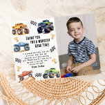 Modern Photo | Kids Monster Trucks Birthday Party Thank You Card<br><div class="desc">Attention all little party animals! Get ready to rev up the fun with our 'BOOM, CLASH ITS A MONSTER TRUCK BASH' Birthday Kids Monster Car Trucks thank you card. Adorned with adorable and vibrant monster car trucks, a photo, this modern typography script thanking you for joining in on the celebration....</div>