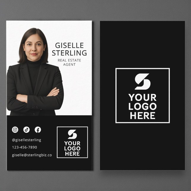 Modern Photo Logo Real Estate Agent Black White Business Card (Creator Uploaded)