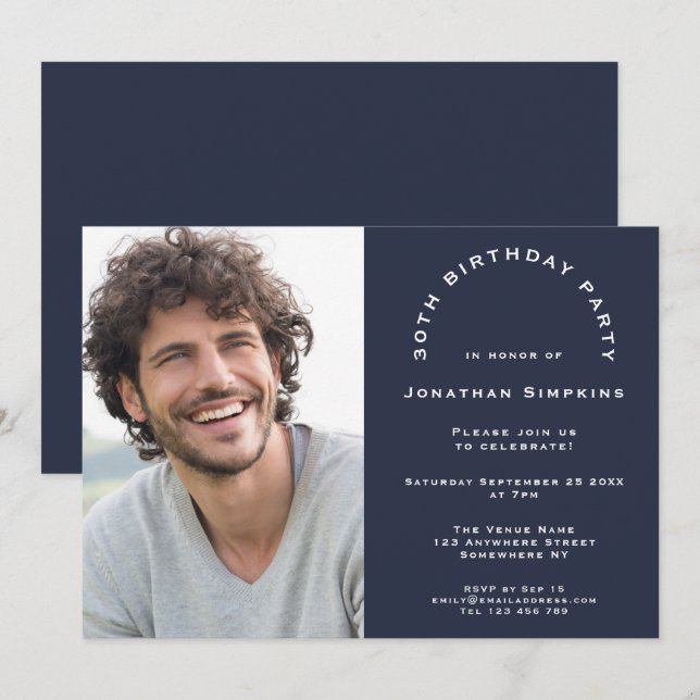 Modern Photo Man 30th Birthday Party Navy Invitation (Front/Back)