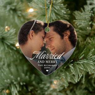 Modern Photo Married Merry First Christmas Heart Ceramic Tree Decoration
