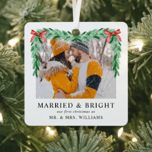 Modern Photo Marrried & Bright Christmas Newlywed Metal Tree Decoration