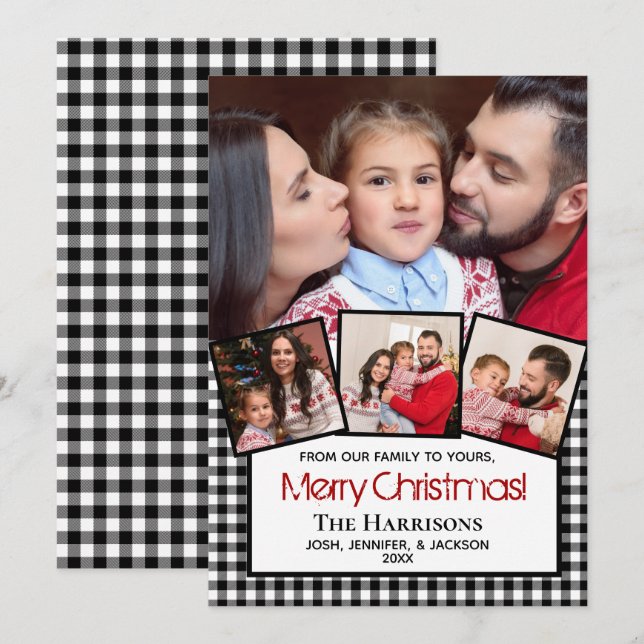 Modern Photo Merry Christmas Black Buffalo Plaid Holiday Card (Front/Back)