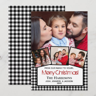 Modern Photo Merry Christmas Black Buffalo Plaid Holiday Card